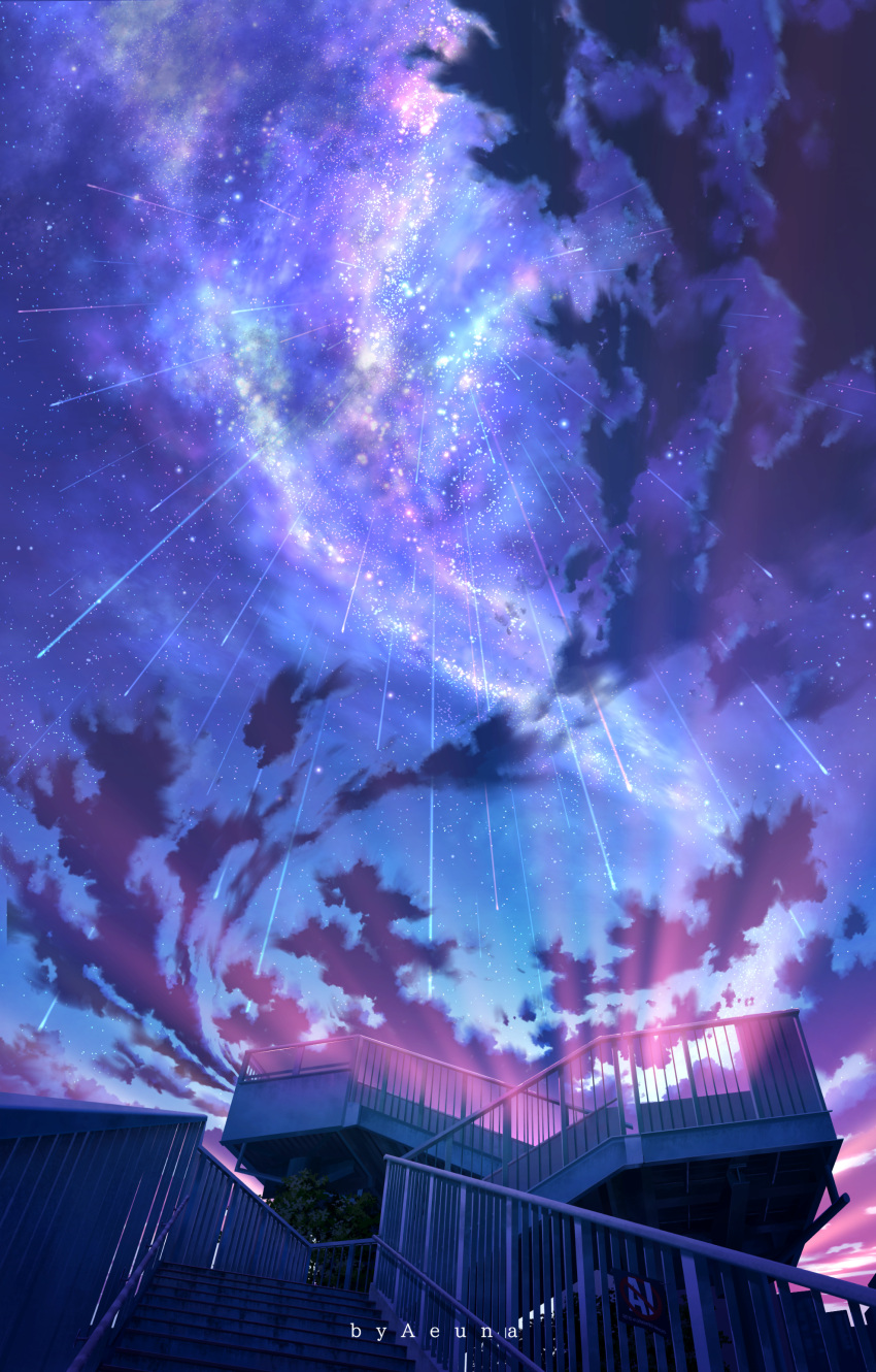 absurdres aeuna artist_name clouds commentary english_commentary handrail highres meteor_shower milky_way night no_ai_logo no_humans original outdoors scenery sky stairs star_(sky) starry_sky tree