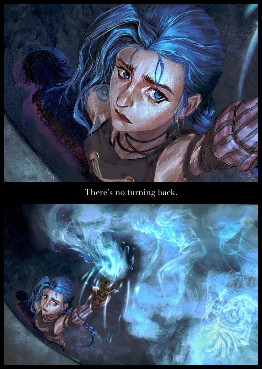 1girl arcane:_league_of_legends arcane_jinx arm_up blue_eyes blue_hair braid commentary different_shadow english_commentary english_text foreshortening frown highres holding jinx_(league_of_legends) league_of_legends long_hair powder_(arcane) shadow signature solo very_long_hair vesta_zc