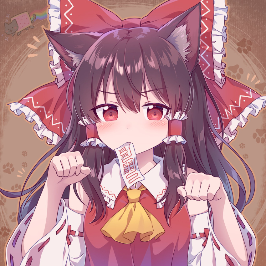1girl animal_ear_fluff animal_ears ascot bangs bare_shoulders blush bow breasts brown_background brown_hair detached_sleeves frilled_bow frilled_hair_tubes frilled_shirt_collar frills hair_between_eyes hair_bow hair_tubes hakurei_reimu highres kaoling kemonomimi_mode long_hair looking_at_viewer medium_breasts mouth_hold nontraditional_miko notice_lines nyan_cat ofuda outline paw_pose paw_print rainbow red_bow ribbon-trimmed_sleeves ribbon_trim sidelocks simple_background sleeves_past_elbows touhou upper_body wide_sleeves yellow_ascot