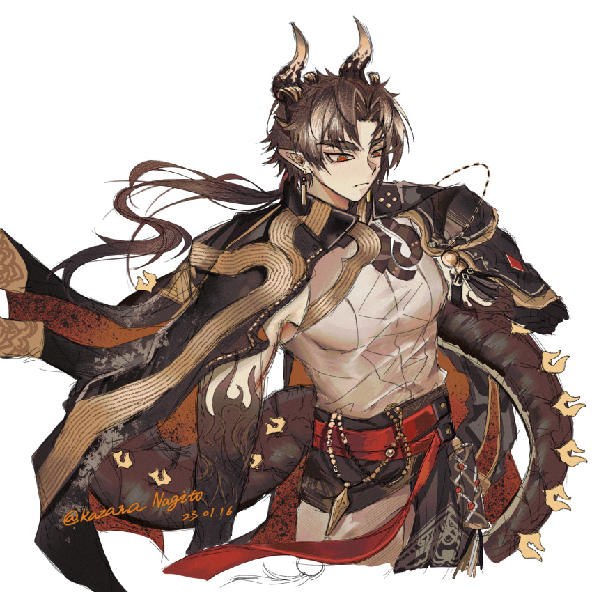 1boy arknights bangs black_hair chong_yue_(arknights) cropped_legs dragon_boy dragon_horns foresown highres horns long_hair male_focus multicolored_hair pectorals pointy_ears ponytail solo streaked_hair thick_eyebrows toned toned_male