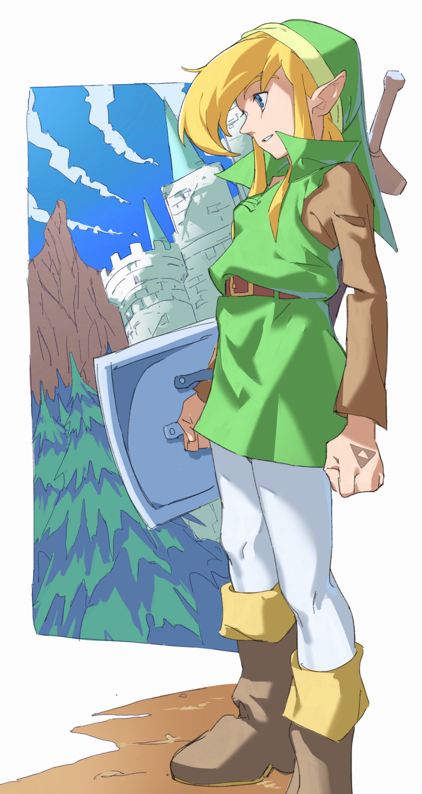1boy absurdres belt blonde_hair blue_eyes blue_sky boots brown_footwear castle clouds day green_headwear green_tunic hat highres holding holding_shield link long_sleeves male_focus mountain outdoors pants pointy_ears pretty-purin720 shield sidelocks sky solo standing sword the_legend_of_zelda tree triforce weapon white_pants