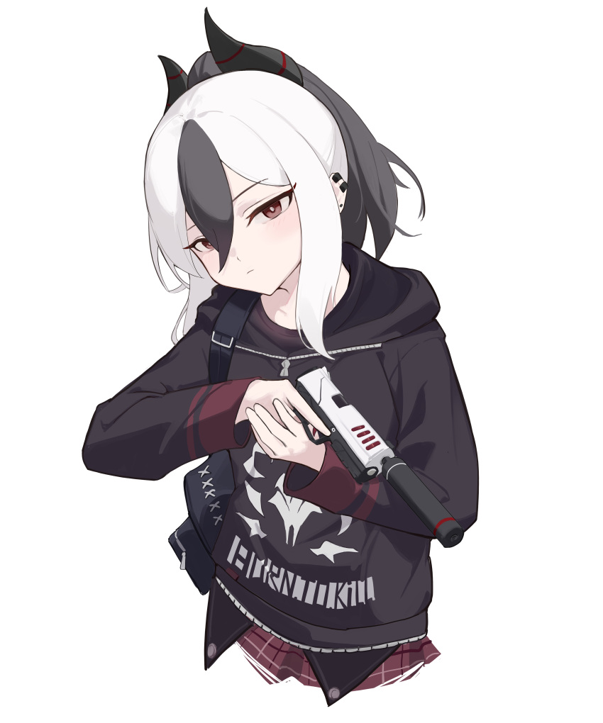 1girl absurdres backpack bag black_bag black_hair black_hoodie black_horns blue_archive center_axis_relock_stance closed_mouth cropped_torso demon_horns earclip gun h&amp;k_p30 handgun highres holding holding_gun holding_weapon hood hood_down hoodie horns kayoko_(blue_archive) light_blush long_sleeves looking_at_viewer medium_hair multicolored_hair plaid plaid_skirt ponytail red_eyes simple_background skirt solo suppressor tianyu2944 trigger_discipline two-tone_hair upper_body weapon white_background white_hair