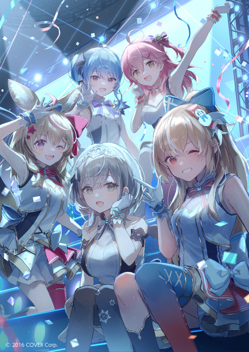 5girls ;d absurdres ahoge animal_ears armpits bare_shoulders blonde_hair blue_hair bow commentary_request company_name confetti copyright dress finger_gun fox_ears gloves grin hair_bow hair_ornament heart heart-shaped_pupils highres hololive hololive_idol_uniform hoshimachi_suisei idol idol_clothes long_hair looking_at_viewer multiple_girls omaru_polka one_eye_closed open_mouth outstretched_arm oyuyu pink_hair red_eyes sakura_miko shiranui_flare shirogane_noel short_hair single_thighhigh sitting sleeveless sleeveless_dress smile stage stage_lights star_(symbol) star_hair_ornament symbol-shaped_pupils thigh-highs tiara violet_eyes virtual_youtuber white_gloves white_hair