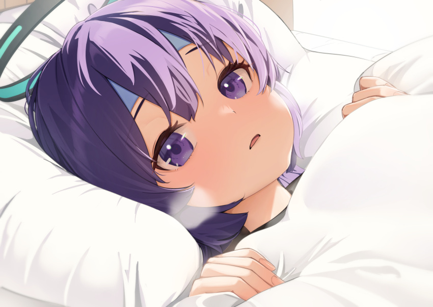 bananafish1111 bed bed_sheet blanket blue_archive cooling_pad heavy_breathing highres lying on_bed pillow purple_hair sick under_covers violet_eyes yuuka_(blue_archive)