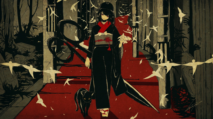 1girl absurdres arm_at_side bangs black_cat black_kimono blunt_bangs bow bright_pupils cat closed_mouth crossed_ankles flower_knot full_body hand_up head_tilt highres holding holding_scissors japanese_clothes kimono long_hair long_sleeves looking_at_viewer original oversized_object red_eyes scissors shadow shadow_hands shikigami signature smile solo standing straight_hair tassel tree walking washiya0 white_bow wide_sleeves