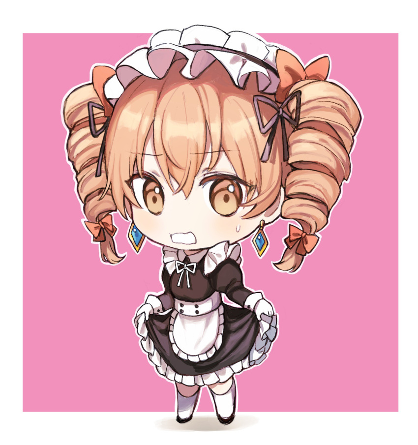 1girl alternate_costume apron bangs black_dress black_footwear border brown_eyes dress drill_hair earrings enmaided frilled_apron frilled_dress frills full_body gloves hair_between_eyes highres jewelry juliet_sleeves light_brown_hair long_hair long_sleeves maid maid_apron maid_headdress open_mouth puffy_sleeves shoes solo sweetpotatojelly thigh-highs touhou twin_drills twintails waist_apron white_apron white_border white_gloves white_thighhighs yorigami_jo'on
