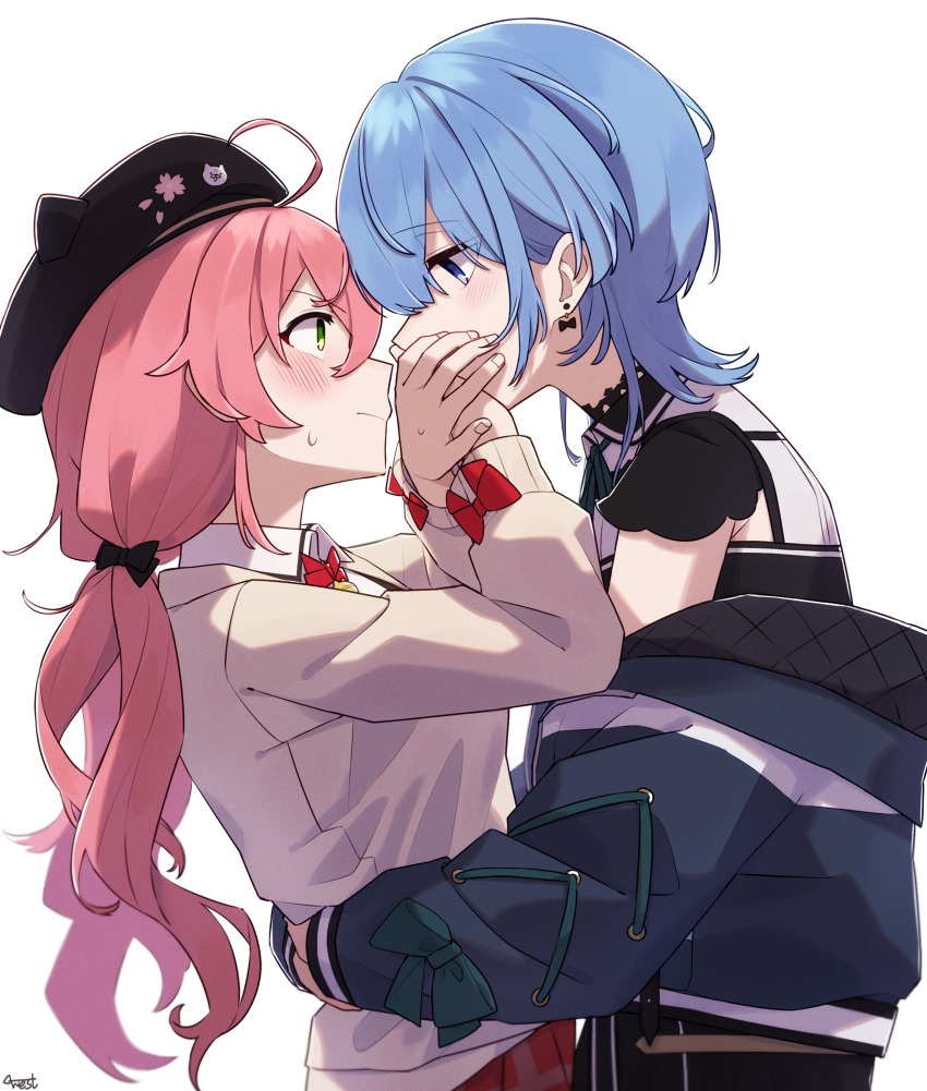 2girls absurdres ahoge arms_around_waist black_headwear blue_eyes covering_another's_mouth earrings eye_contact face-to-face from_side green_eyes hands_on_another's_face hat highres hololive hoshimachi_suisei hug jewelry long_hair long_sleeves looking_at_another low_twintails multiple_girls pink_hair profile sakura_miko short_hair signature twintails virtual_youtuber westlee_ar white_background yuri
