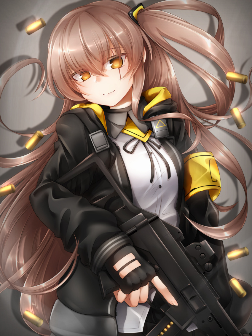 1girl black_gloves black_jacket black_ribbon breasts brown_hair closed_mouth dress_shirt fingerless_gloves girls_frontline gloves grey_background gun h&amp;k_ump h&amp;k_ump45 hair_between_eyes head_tilt highres holding holding_weapon jacket light_smile long_hair long_sleeves looking_at_viewer marukyuu_ameya medium_breasts neck_ribbon open_clothes open_jacket ribbon shadow shell_casing shirt simple_background solo submachine_gun trigger_discipline ump45_(girls'_frontline) upper_body weapon white_shirt yellow_armband yellow_eyes