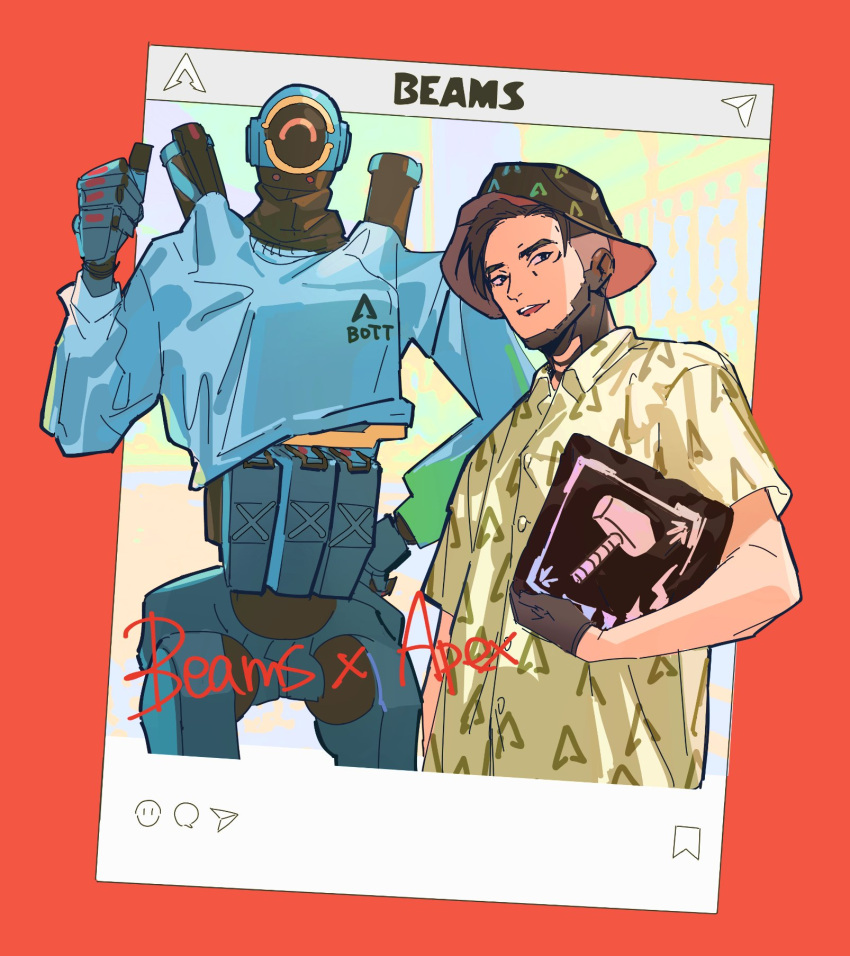 2boys ^_^ animification apex_legends black_eyes black_gloves blue_sweater closed_eyes clothed_robot collared_shirt copyright_name crypto_(apex_legends) gloves green_shirt highres humanoid_robot instagram looking_at_viewer male_focus multiple_boys one-eyed orange_eyes pathfinder_(apex_legends) robot shirt sketch smile sweater thumbs_up thundergotch