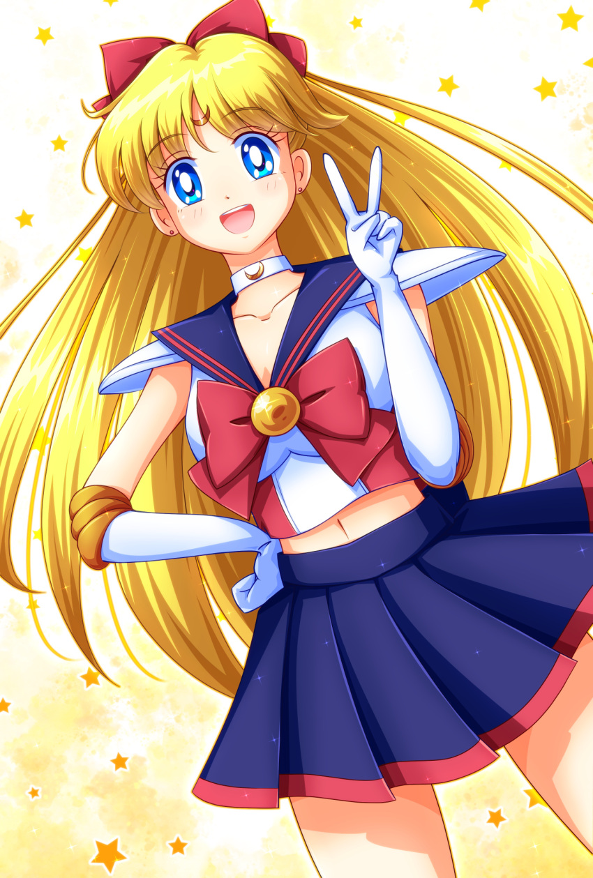 1girl :d aino_minako bangs bishoujo_senshi_sailor_moon blonde_hair blue_eyes blue_sailor_collar blue_skirt bow choker codename_wa_sailor_v commentary_request crescent crescent_choker crescent_facial_mark elbow_gloves facial_mark forehead_mark gloves hair_bow hand_on_hip hand_up happy highres long_hair looking_at_viewer magical_girl midriff mimimix navel open_mouth pleated_skirt red_bow sailor_collar sailor_senshi_uniform sailor_v shirt shoulder_pads skirt smile solo standing star_(symbol) starry_background teeth upper_teeth_only v very_long_hair white_choker white_gloves white_shirt