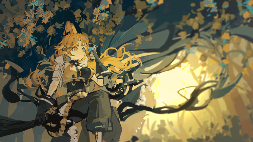 1girl absurdres animal_ear_fluff animal_ears arknights arm_support bird bird_on_hand black_gloves black_pants black_shirt blonde_hair bright_pupils cat_ears cat_tail chinese_commentary closed_mouth commentary feet_out_of_frame floating_hair gloves highres in_tree long_hair looking_at_animal luobuyuyan pants quercus_(arknights) shirt solo tail tree very_long_hair vest white_pupils yellow_eyes yellow_vest