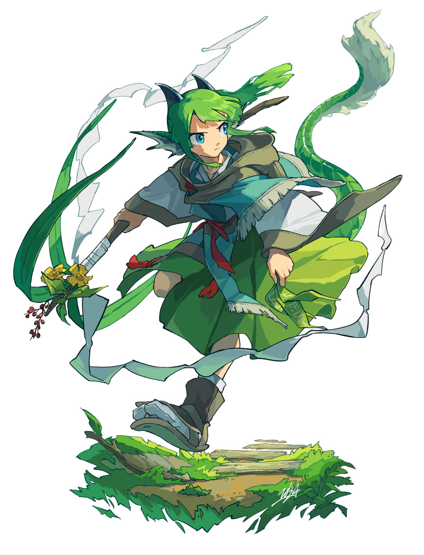 1girl absurdres aqua_capelet bangs blue_eyes brown_footwear capelet closed_mouth doggo_1d34 dragon_girl dragon_horns dragon_tail faux_figurine floating_clothes floating_hair flower full_body gohei green_hair green_skirt green_tail head_fins highres holding holding_gohei hood hood_down hooded_capelet horns long_hair long_sleeves looking_away looking_to_the_side nontraditional_miko ofuda original running shirt signature simple_background skirt socks solo standing tabi tail toeless_footwear white_background white_shirt white_socks wide_sleeves yellow_flower