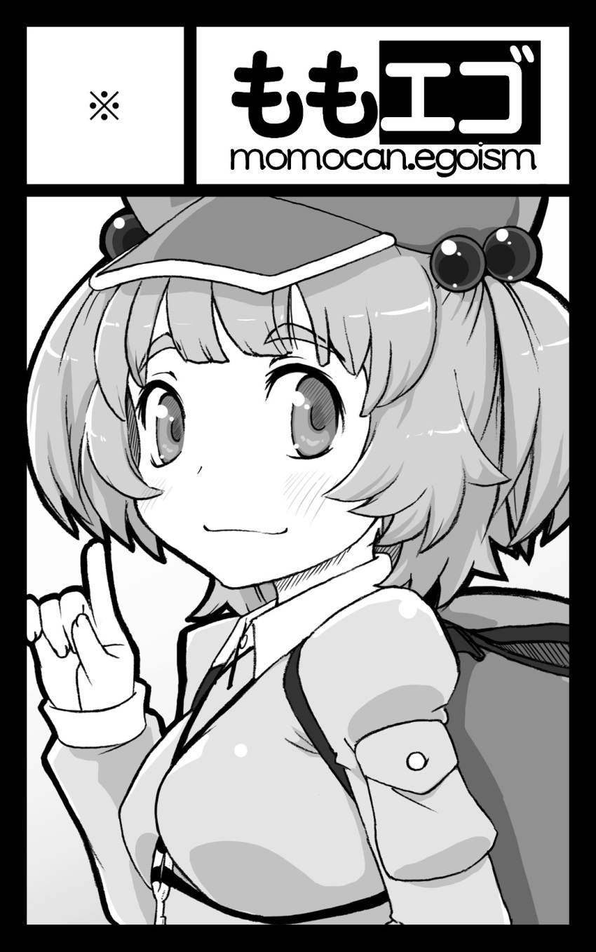 1girl bangs blush breasts circle_cut closed_mouth collared_shirt commentary_request flat_cap greyscale hair_bobbles hair_ornament hat highres jewelry kawashiro_nitori kei_jiei key_necklace long_sleeves looking_at_viewer monochrome necklace pocket shirt short_hair small_breasts smile solo touhou two_side_up upper_body