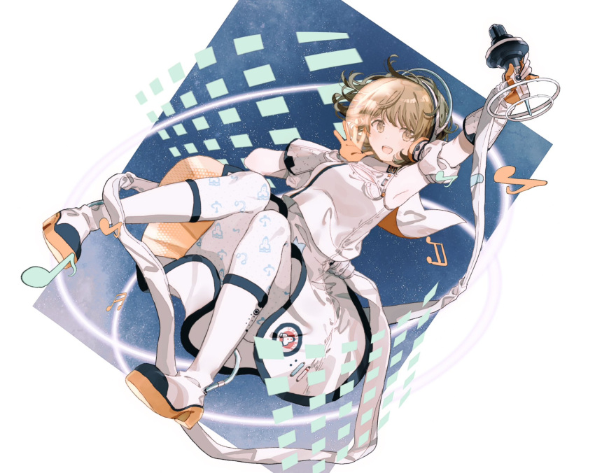 1girl armpits boots breasts brown_eyes brown_hair character_request copyright_request floating gloves gocoli headphones highres hose knee_boots leggings medium_breasts medium_hair musical_note shirt skirt sleeveless sleeveless_shirt solo space_helmet white_leggings white_shirt white_skirt