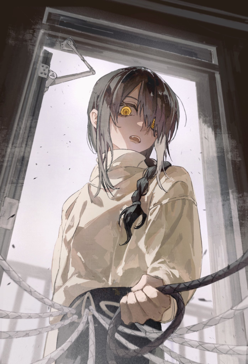 1girl black_hair braid braided_ponytail chainsaw_man doorway hair_over_one_eye hair_over_shoulder highres holding holding_leash leash leash_belt looking_at_viewer medium_hair nayuta_(chainsaw_man) open_mouth ringed_eyes shirt_tucked_in solo sweater white_sweater yellow_eyes zuosha
