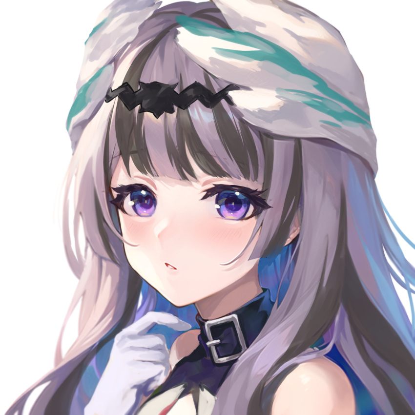 1girl bare_shoulders black_hair close-up commentary fire_emblem fire_emblem_engage grey_hair highres jurge long_hair looking_at_viewer multicolored_hair parted_lips portrait simple_background solo streaked_hair upper_body veyle_(fire_emblem) violet_eyes white_background