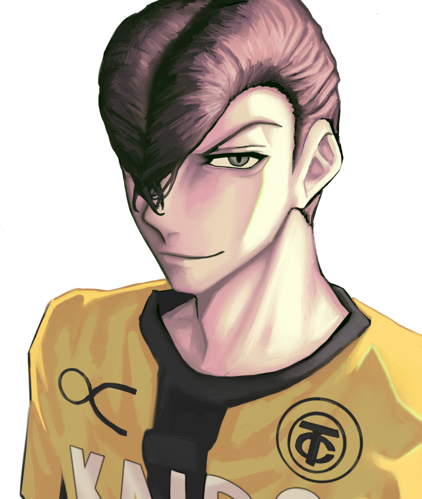 1boy ao_ashi brown_hair dawillie grey_eyes highres jersey looking_at_viewer male_focus pompadour portrait shirt simple_background smile togashi_keiji white_background yellow_shirt