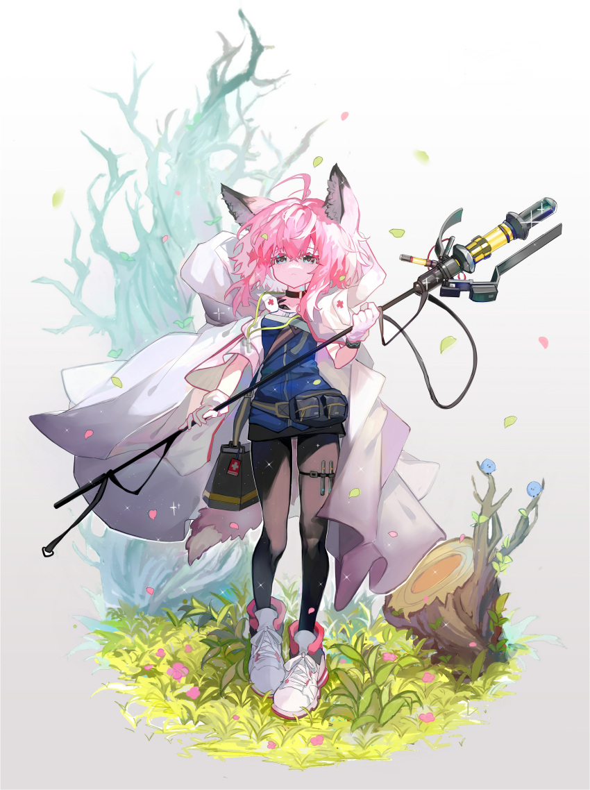 1girl absurdres ahoge animal_ears arknights bag bangs bare_tree black_collar black_pantyhose blue_eyes blue_jacket cloak closed_mouth collar cross fox_ears fox_girl fox_tail full_body gloves high_tops highres holding holding_staff hood hooded_cloak infection_monitor_(arknights) jacket long_hair looking_at_viewer pantyhose pink_hair pouch red_cross shoes shoulder_bag sneakers solo staff sussurro_(arknights) tail thigh_strap tree tree_stump white_cloak white_footwear white_gloves xiaoyunatie