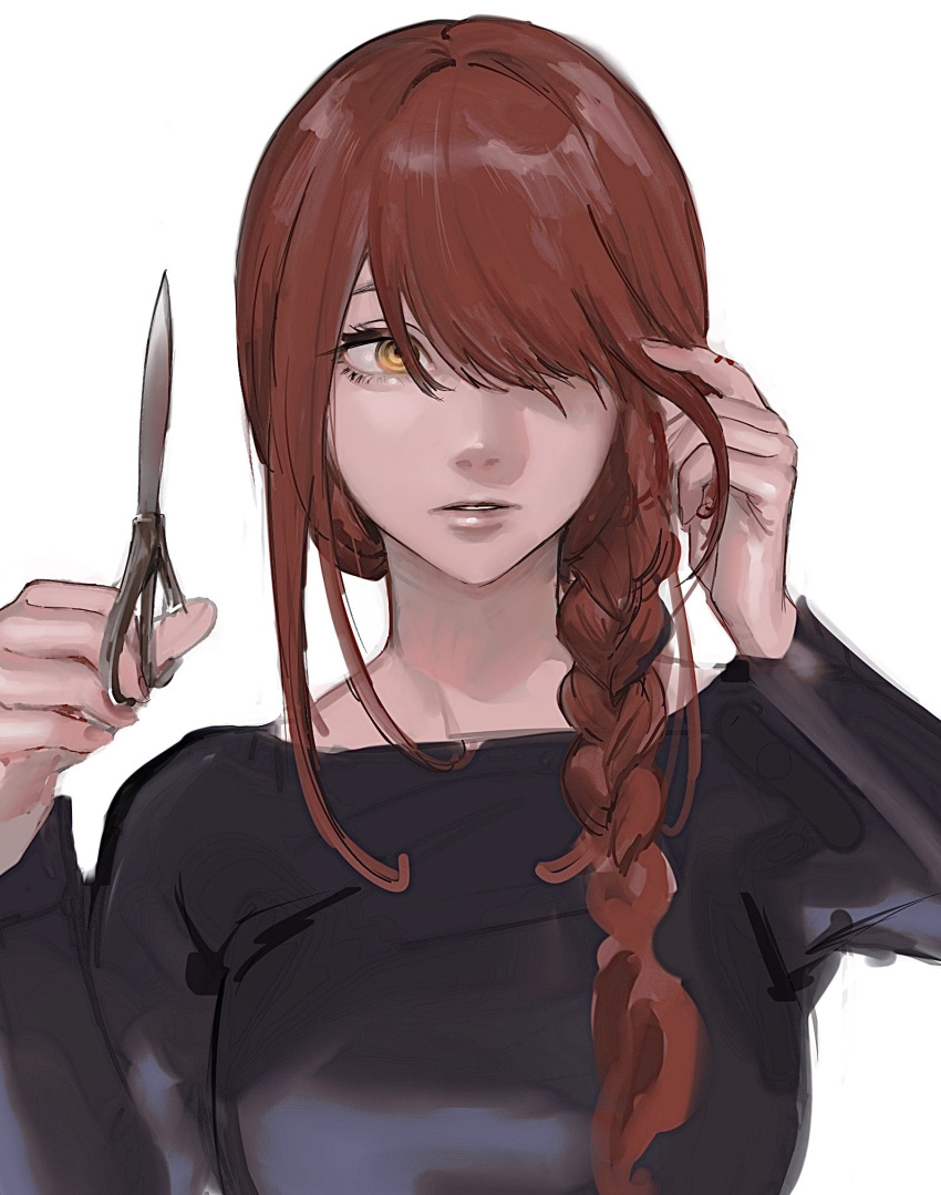 1girl bangs black_dress braid chainsaw_man dress hair_focus hair_over_one_eye highres holding holding_scissors imitating kamo_(kamonegioisi) looking_to_the_side makima_(chainsaw_man) medium_hair redhead ringed_eyes scissors side_braid simple_background solo white_background yellow_eyes