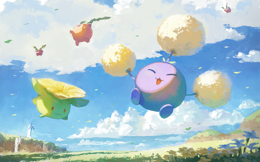 :d closed_eyes closed_mouth clouds commentary_request day evolutionary_line falling_leaves fjsmu flower grass highres hoppip jumpluff leaf no_humans open_mouth outdoors pokemon pokemon_(creature) skiploom sky smile wavy_mouth