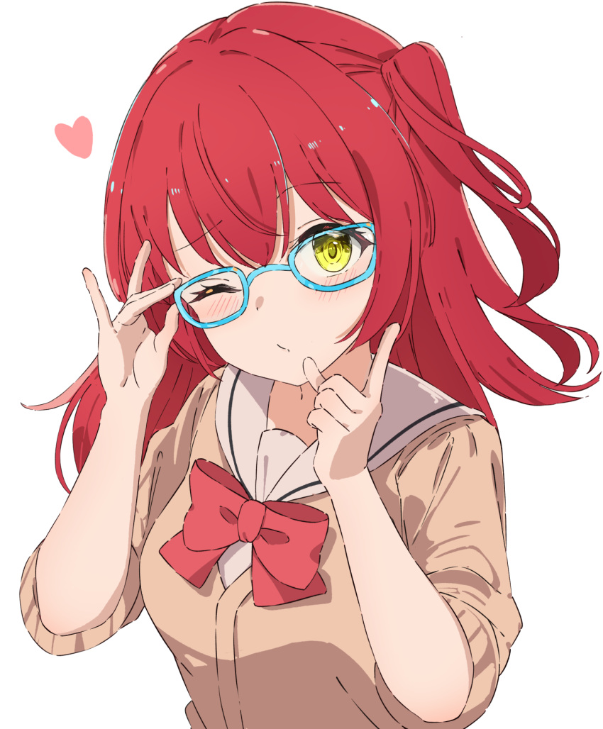 1girl adjusting_eyewear aqua-framed_eyewear bangs bespectacled blush bocchi_the_rock! bow bowtie brown_jacket closed_mouth glasses heart highres index_finger_raised jacket kita_ikuyo long_hair long_sleeves looking_at_viewer one_eye_closed one_side_up red_bow red_bowtie redhead runep sailor_collar school_uniform sidelocks sleeves_pushed_up solo upper_body white_sailor_collar yellow_eyes