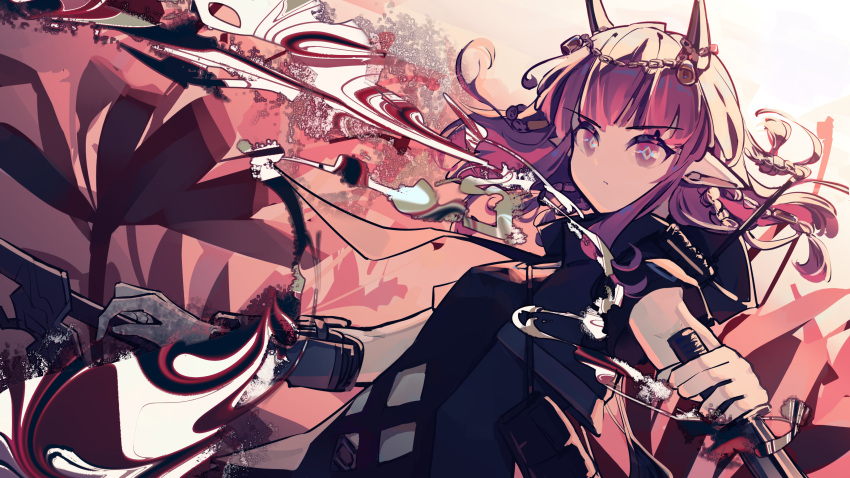 1girl :/ absurdres arknights bangs black_jacket blunt_bangs braid chinese_commentary closed_mouth commentary_request demon_girl demon_horns diamond-shaped_pupils diamond_(shape) fire flame floating_hair highres holding holding_knife horns jacket knife lava_(arknights) lava_the_purgatory_(arknights) long_hair looking_at_viewer luobuyuyan pointy_ears purple_hair symbol-shaped_pupils upper_body v-shaped_eyebrows violet_eyes