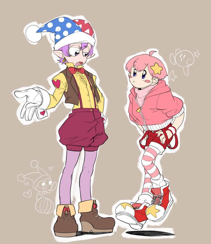 1boy 1other blue_eyes blush_stickers coffeelove_sb creature_and_personification cropped_jacket earrings gloves hair_ornament hands_on_hips hat highres jester_cap jewelry kirby kirby_(series) marx_(kirby) personification pink_hair purple_hair shoes short_hair single_earring sneakers star_(symbol) star_hair_ornament suspenders vest violet_eyes white_gloves wristband