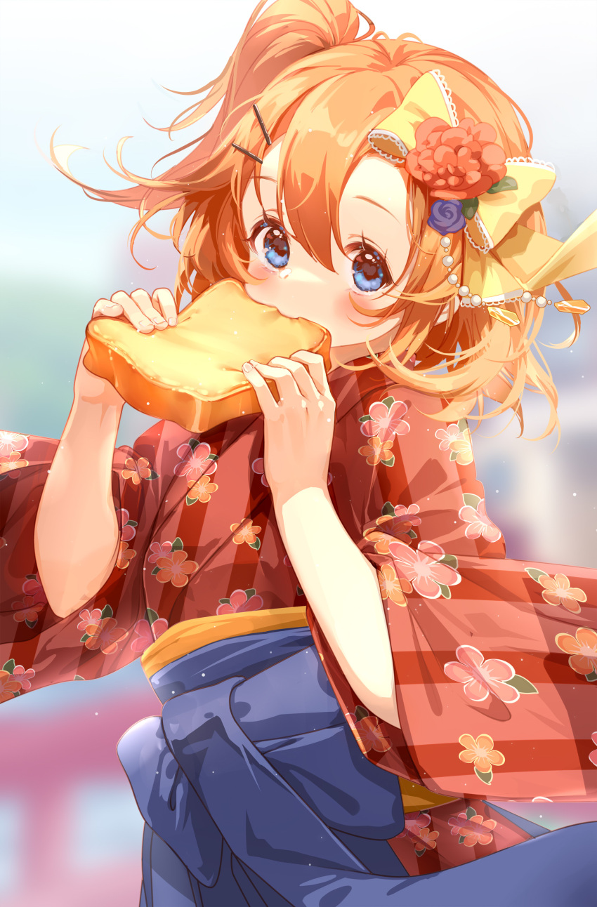 1girl absurdres bangs blue_bow blue_eyes blue_flower blue_hakama blue_rose blurry blurry_background bow bread brown_hair chinese_commentary clouble commentary depth_of_field eating floral_print flower food hair_between_eyes hair_bow hair_flower hair_ornament hairclip hakama hakama_skirt highres holding holding_food japanese_clothes kimono kousaka_honoka long_sleeves love_live! love_live!_school_idol_project one_side_up print_kimono red_flower red_kimono rose skirt solo striped striped_kimono vertical-striped_kimono vertical_stripes wide_sleeves yellow_bow
