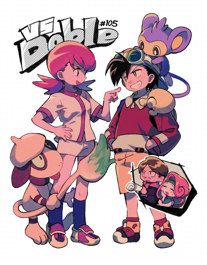 2boys 2girls aipom backwards_hat baseball_cap black_hair black_socks brown_hair buttons cut-in dj_mary_(pokemon) ethan_(pokemon) facial_hair fingernails full_body goggles goggles_on_head grin hand_on_hip hands_in_pockets hat highres jacket long_sleeves multiple_boys multiple_girls mustache ok_ko19 open_mouth pink_hair pointing pointing_at_another pokemon pokemon_(creature) pokemon_adventures radio_director_(pokemon) red_socks redhead rolled_up_paper shoes short_shorts short_sleeves shorts smeargle smile sneakers socks standing tail teeth translated twintails white_jacket white_shorts whitney_(pokemon) yellow_shorts