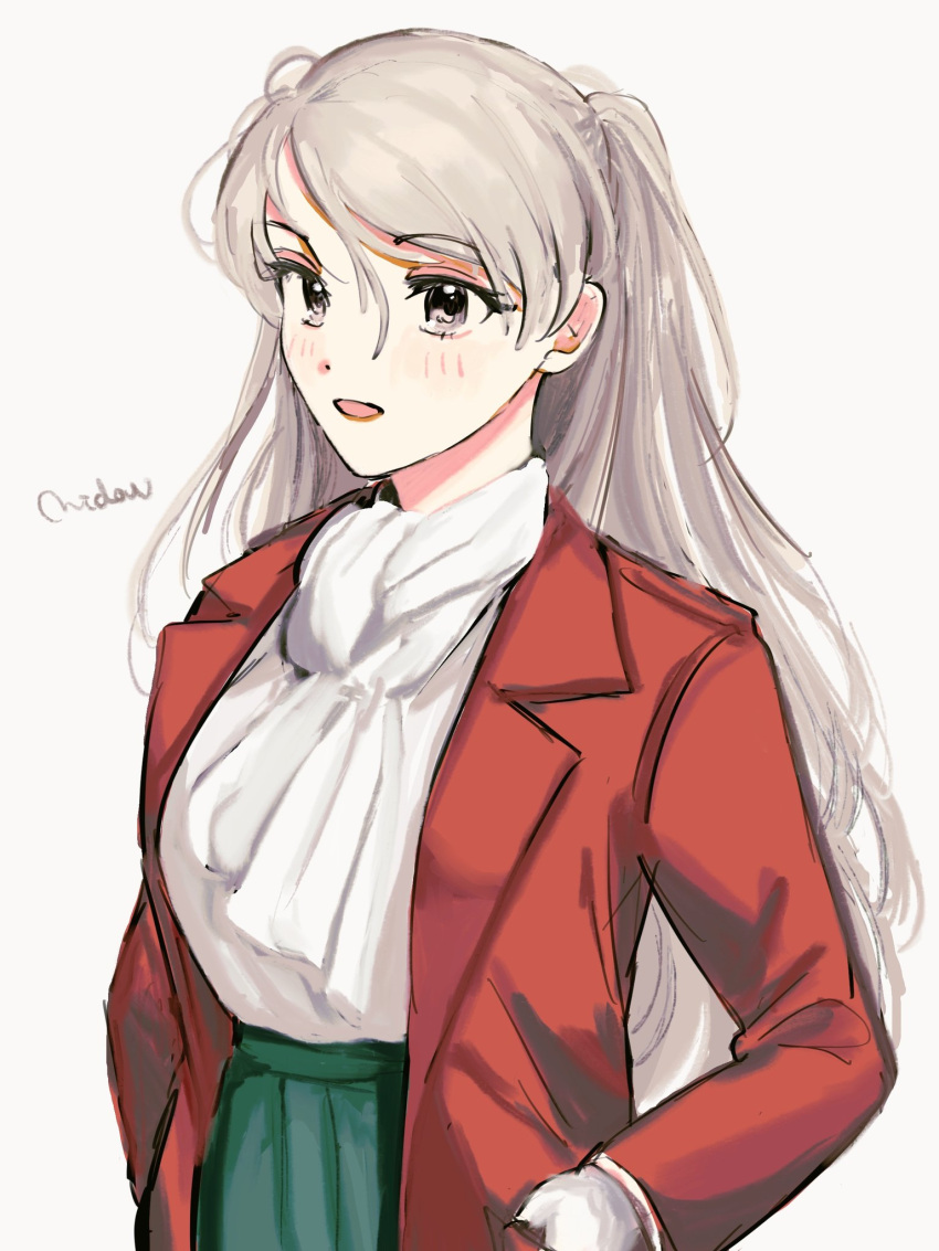 1girl alternate_costume artist_name ascot breasts brown_eyes conte_di_cavour_(kancolle) green_pants grey_hair hand_in_pocket highres jacket kantai_collection large_breasts long_hair long_sleeves looking_at_viewer nidou open_mouth pants shirt simple_background smile solo two_side_up white_background white_shirt