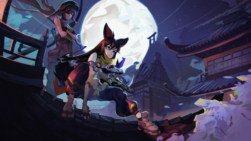 2girls animal_ears bangs bare_shoulders black_pants blue_eyes bow_(weapon) breasts brown_hair closed_mouth copyright_request crossed_arms dethmaid facial_mark full_moon green_scarf green_shirt hair_between_eyes highres holding holding_weapon house long_hair long_sleeves medium_breasts moon multiple_girls night pants scarf shirt shoes sword weapon whisker_markings
