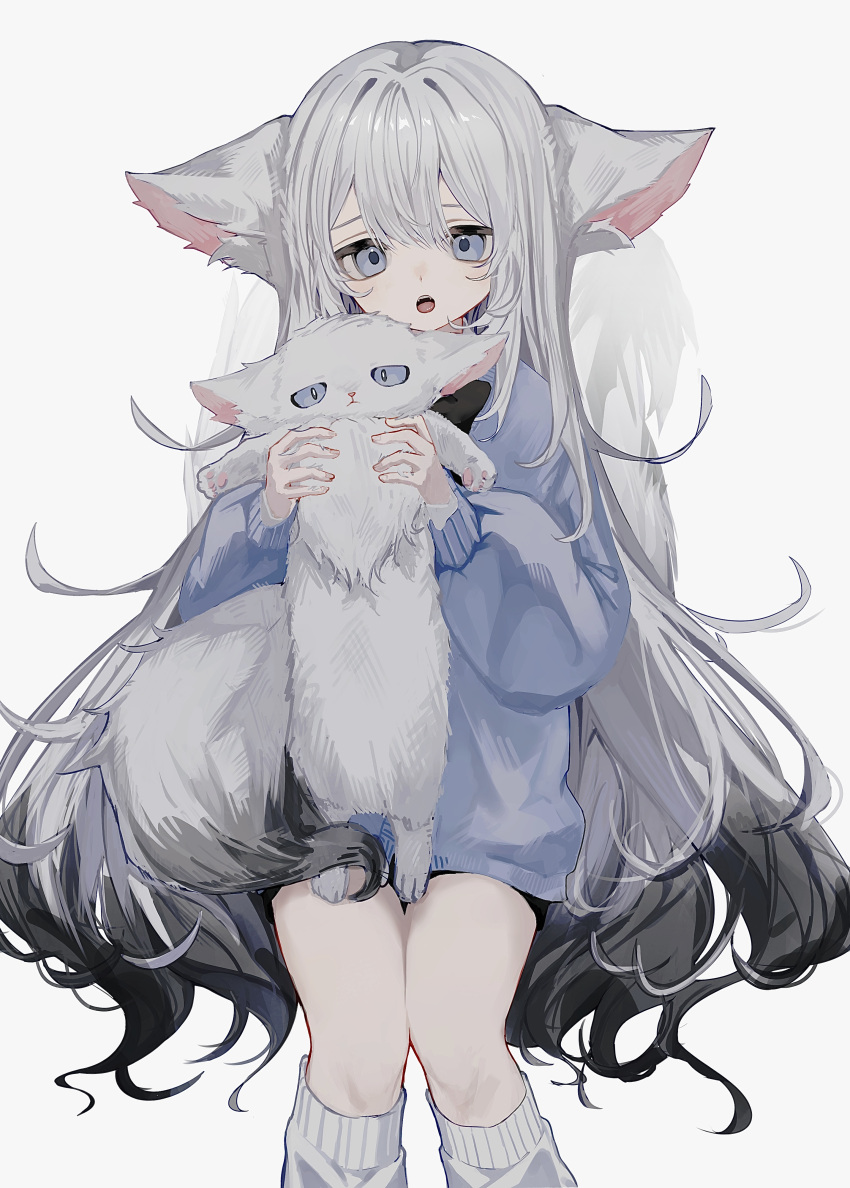 1girl :o absurdres animal animal_ear_fluff animal_ears bangs black_hair blue_eyes blue_shirt commentary fluffy gradient_hair grey_hair highres holding holding_animal invisible_chair long_hair long_sleeves looking_at_viewer loose_socks multicolored_hair open_mouth original puffy_long_sleeves puffy_sleeves shirt shou_(mori_boro) simple_background sitting socks tail white_background white_socks