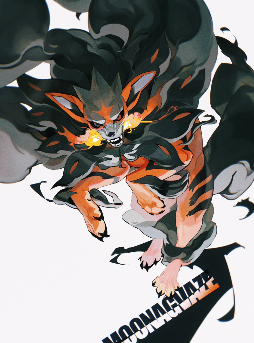 animal_focus artist_name black_sclera breathing_fire chinese_commentary colored_sclera commentary_request fire highres hisuian_arcanine moonagvaze no_humans open_mouth pokemon pokemon_(creature) red_eyes solo teeth white_background
