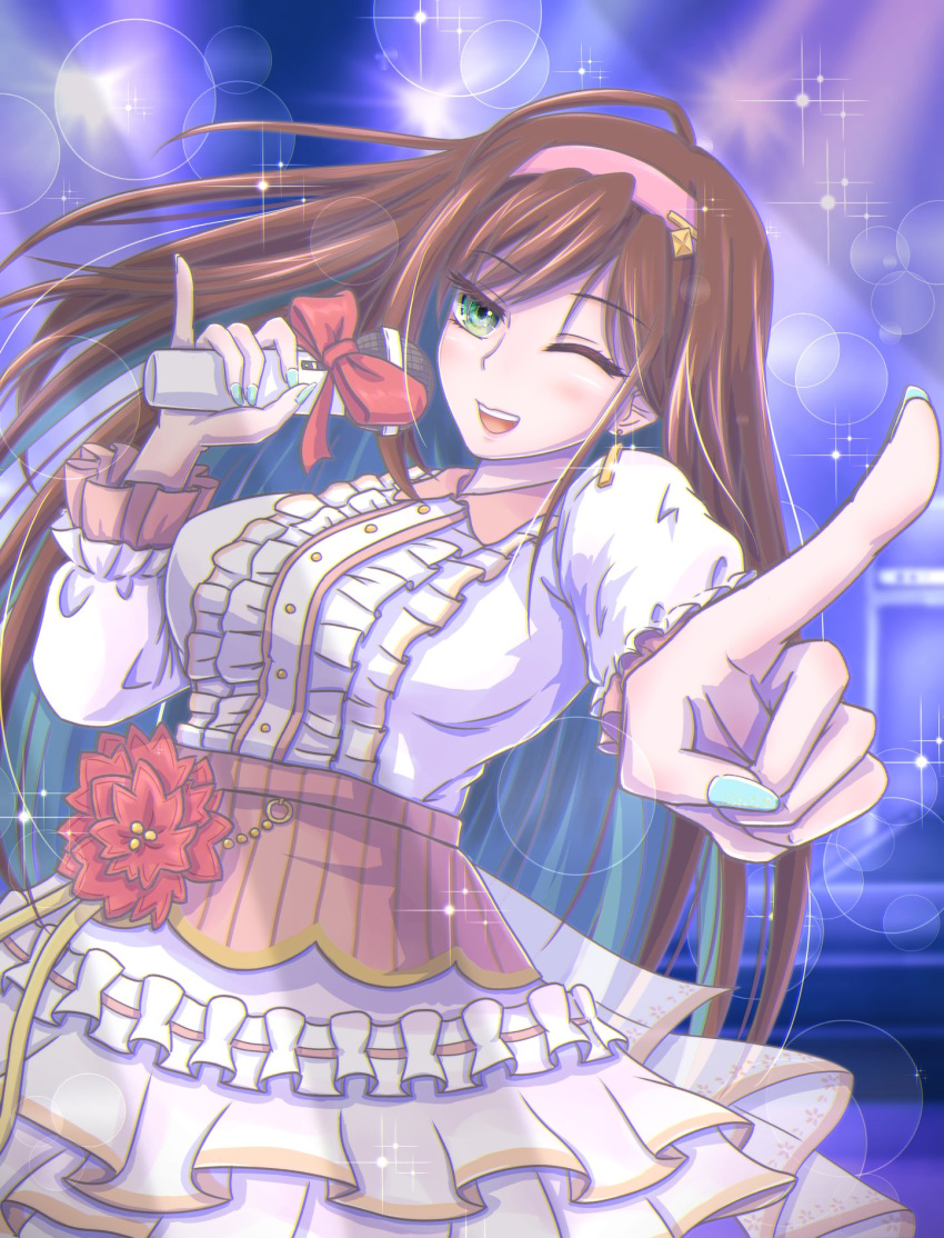 1girl ;d aqua_hair aqua_nails assault_lily bangs blush breasts brown_hair center_frills colored_inner_hair commentary_request cowboy_shot dress fingernails floating_hair flower foreshortening frilled_dress frilled_sleeves frills green_eyes hairband hands_up highres holding holding_microphone idol indoors ishizuka_fujino large_breasts layered_dress lens_flare long_hair long_sleeves looking_at_viewer microphone multicolored_hair nail_polish one_eye_closed open_mouth outstretched_arm pink_hairband pinky_out pointing pointing_at_viewer red_flower smile solo spread_legs standing teeth two-tone_hair upper_teeth_only very_long_hair white_dress yajiuma_no_jesse