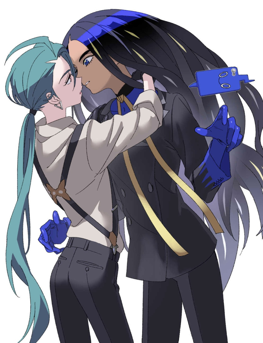 2girls bangs black_hair black_jacket black_pants blue_eyes blue_gloves blue_shirt buttons commentary_request dark-skinned_female dark_skin double-breasted earrings eye_contact geeta_(pokemon) gloves green_hair hands_up highres imminent_kiss interracial jacket jewelry long_hair looking_at_another multiple_girls neck_ribbon omo_chi2 pants parted_lips pokemon pokemon_(game) pokemon_sv ponytail ribbon rika_(pokemon) rotom rotom_phone shirt stud_earrings suspenders very_long_hair yellow_ribbon yuri