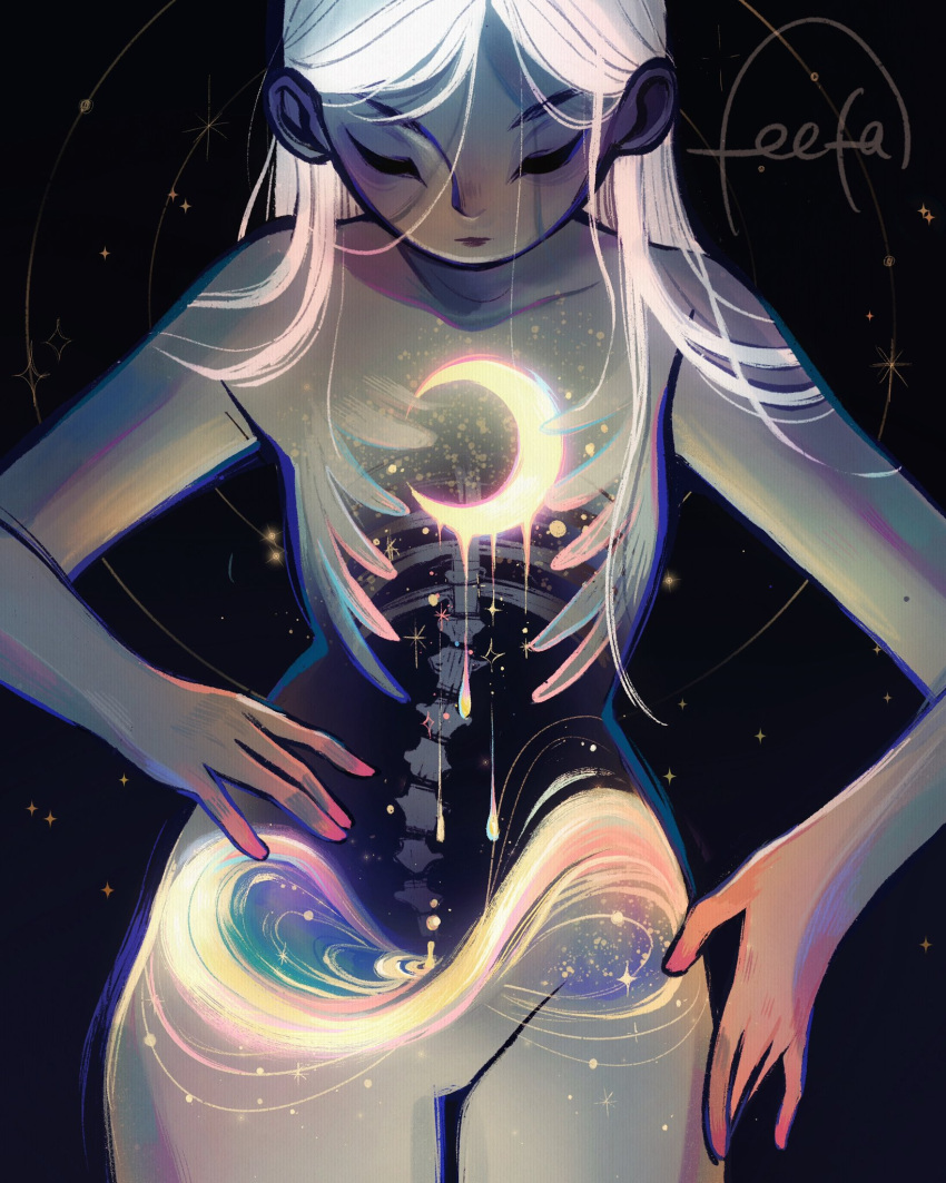 1girl closed_eyes closed_mouth commentary constellation crescent_moon dark_background dripping english_commentary exposed_bone feefal full_body glint gradient_skin highres long_hair moon original personification planetary_ring signature space star_(sky) starry_background white_hair