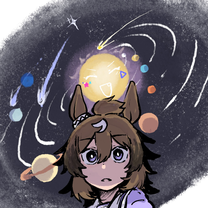 1girl :d ^_^ animal_ears bangs brown_hair character_request closed_eyes comet commentary daitaku_helios_(umamusume) e-ncyo fang hair_between_eyes highres horse_ears meme multicolored_hair name_connection object_namesake orbital_path parted_lips planet planetary_ring portrait puffy_sleeves purple_shirt school_uniform shinko_windy_(umamusume) shirt smile solar_system solo space space_cat_(meme) streaked_hair sun tracen_school_uniform umamusume v-shaped_eyebrows violet_eyes white_hair