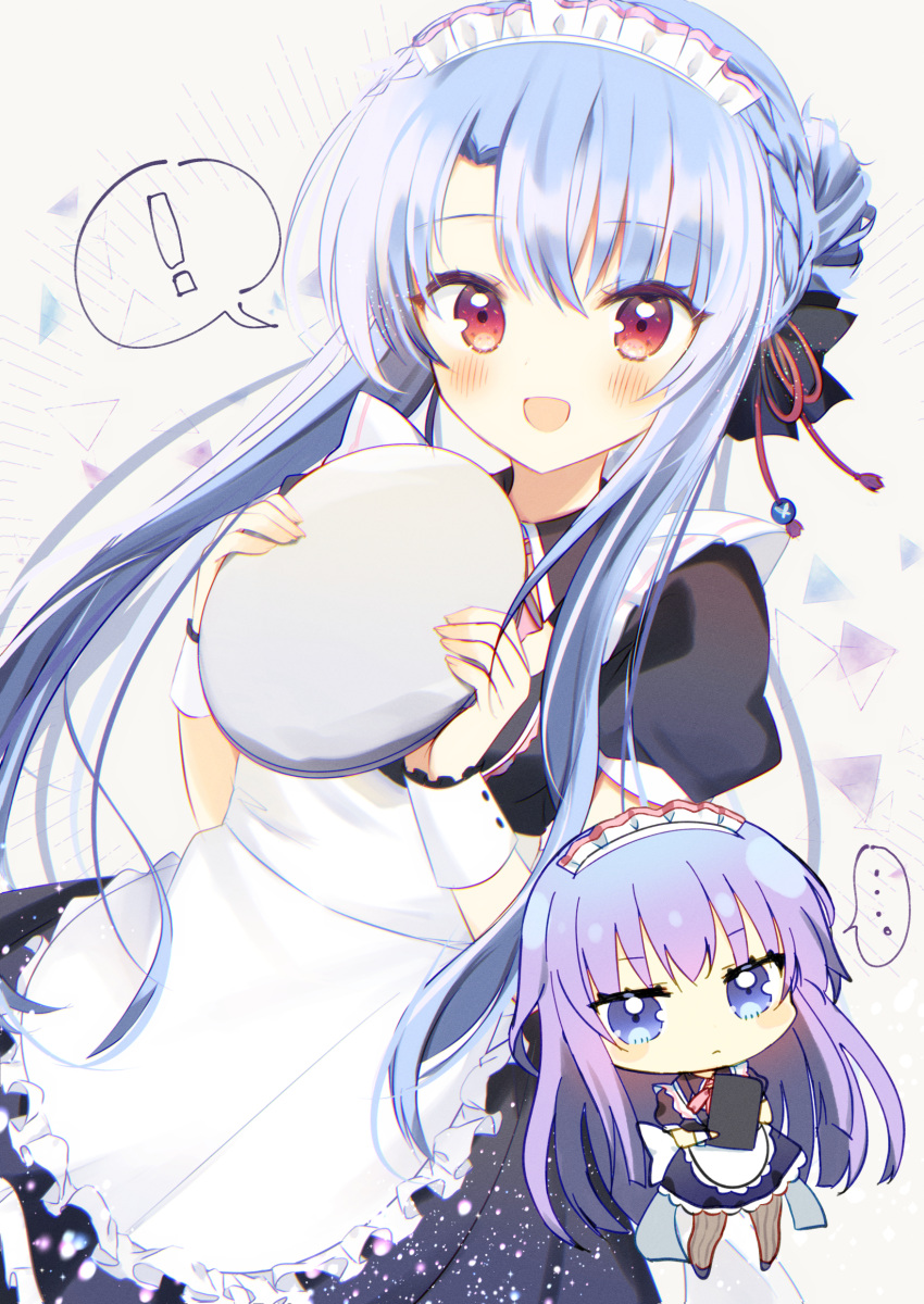 ! ... 2girls :d :| absurdres aiyan apron bangs black_ribbon blue_eyes blue_hair blush bracelet braid chibi closed_mouth collar facing_viewer frilled_apron frilled_hairband frills hair_between_eyes hair_bun hair_ornament hairband highres holding jewelry key_(company) light_purple_hair long_hair looking_at_viewer maid maid_apron maid_headdress multiple_girls neck_ribbon open_mouth plate red_eyes ribbon siblings sisters smile sorakado_ai sorakado_ao sparkle_background speech_bubble standing summer_pockets