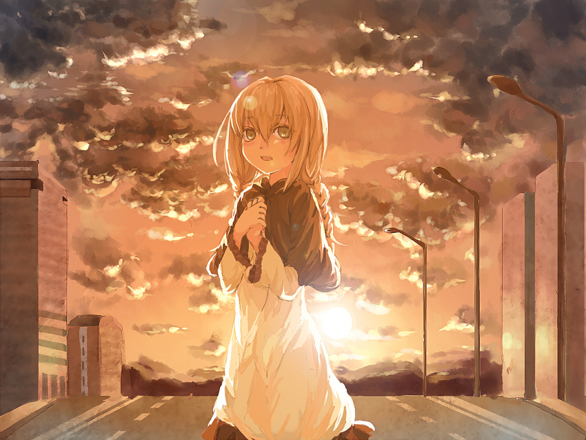1girl blonde_hair braid building city clouds cloudy_sky dress green_eyes hair_between_eyes jellymog lamppost long_sleeves open_mouth outdoors own_hands_together road sky skyscraper sleeves_past_elbows solo sun sunset teeth twin_braids upper_teeth_only utau white_dress