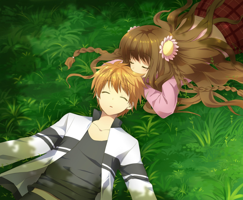 1boy 1girl bangs black_shirt braid brown_hair closed_eyes collarbone covered_mouth flower fuyuichi grass hair_flower hair_ornament hood hoodie jacket kanbe_kotori key_(company) light_blush long_hair long_sleeves lying on_back on_stomach open_clothes open_jacket open_mouth parted_lips pink_hoodie plaid plaid_skirt rewrite shirt skirt sleeping tennouji_kotarou white_jacket