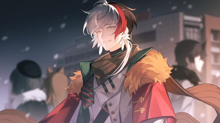 1boy 3others arknights black_hair blurry blurry_background brown_scarf building capelet chinese_commentary commentary_request elysium_(arknights) elysium_(snowy_echo)_(arknights) fengtu_ad fur-trimmed_capelet fur_trim highres jacket looking_at_viewer male_focus multicolored_hair multiple_others official_alternate_costume parted_lips red_capelet redhead scarf short_hair smile snowing solo_focus streaked_hair white_eyes white_hair white_jacket