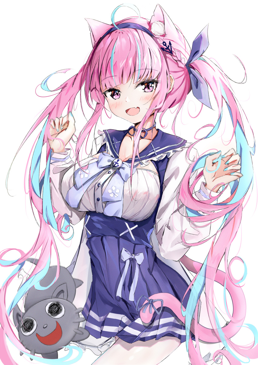 1girl absurdres ahoge anchor_symbol animal_ear_fluff animal_ears bangs blue_hair blue_hairband blue_nails blue_ribbon blue_skirt blunt_bangs blush braid cat_ears cat_girl cat_tail choker colored_inner_hair fang frilled_sailor_collar frills hairband high-waist_skirt highres hololive long_hair long_sleeves looking_at_viewer minato_aqua multicolored_hair neko_(minato_aqua) open_mouth pantyhose pink_eyes pink_hair pleated_skirt ribbon ribbon_choker sailor_collar school_uniform serafuku sidelocks simple_background skin_fang skirt smile solo streaked_hair tail tail_ornament tail_ribbon twintails two-tone_hair virtual_youtuber white_background white_pantyhose xianxiangguan_coffee