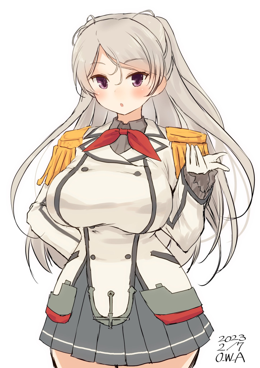 1girl artist_name beret breasts brown_eyes buttons collared_shirt conte_di_cavour_(kancolle) cosplay dated double-breasted epaulettes frilled_sleeves frills gloves grey_hair grey_skirt hat highres jacket kantai_collection kashima_(kancolle) kashima_(kancolle)_(cosplay) large_breasts long_hair long_sleeves looking_at_viewer military military_jacket military_uniform miniskirt neckerchief owa_(ishtail) pleated_skirt red_neckerchief shirt simple_background skirt solo twitter_username two_side_up uniform white_background white_gloves white_jacket
