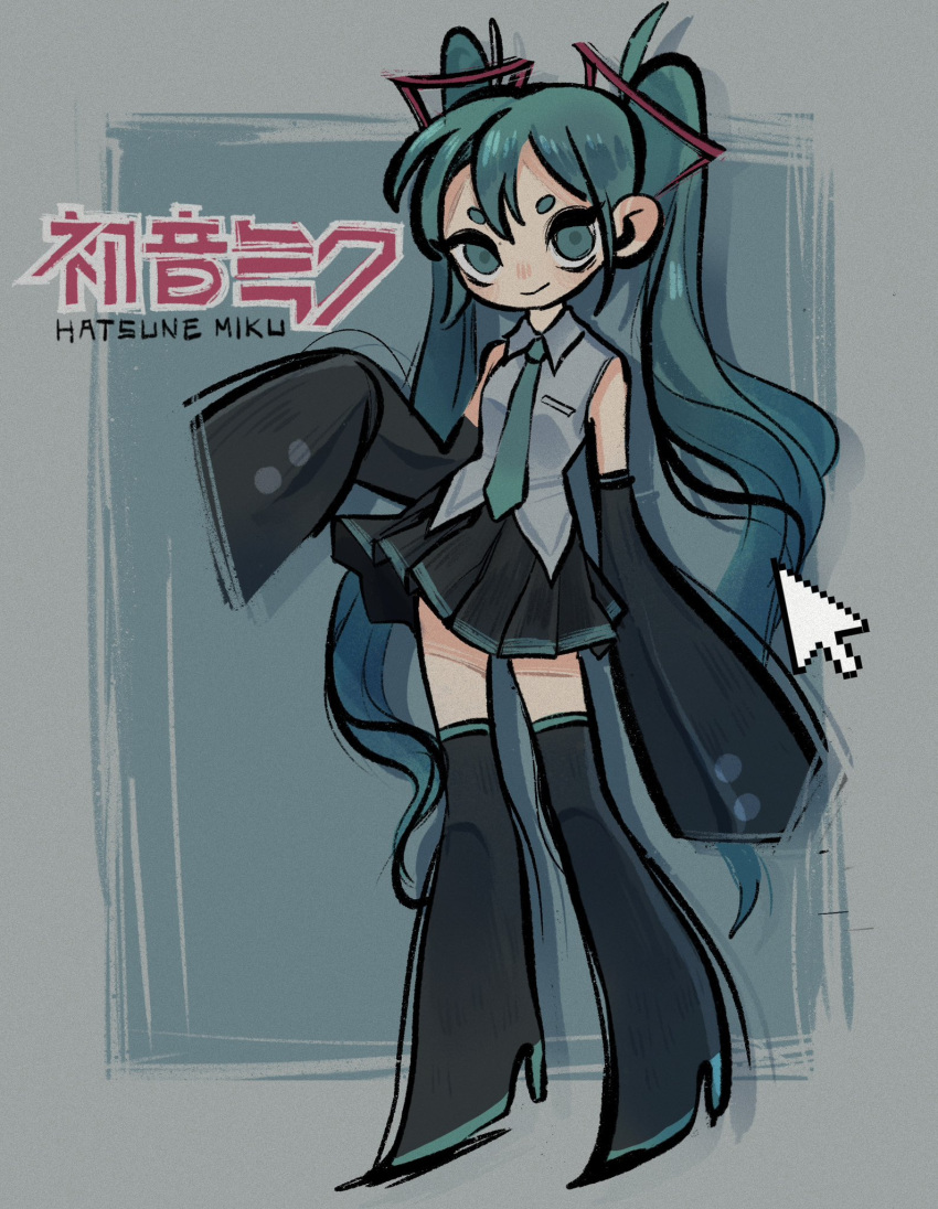 1girl aqua_eyes aqua_hair black_skirt black_thighhighs boots character_name collared_shirt commentary cursor detached_sleeves english_commentary feefal hair_between_eyes hatsune_miku high_heel_boots high_heels highres long_hair miniskirt necktie pleated_skirt shirt simple_background skirt sleeves_past_fingers sleeves_past_wrists smile thigh-highs thigh_boots twintails very_long_hair very_long_sleeves vocaloid zettai_ryouiki