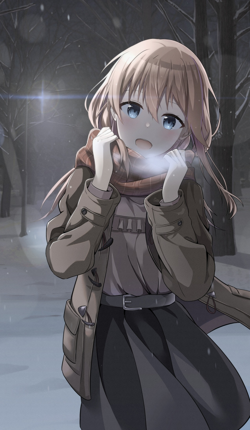1girl bangs bare_tree belt belt_buckle black_skirt blue_eyes breath brown_coat brown_hair brown_scarf brown_shirt buckle cac_itinose coat commentary_request frilled_shirt frills grey_belt hair_between_eyes hands_up highres lamppost long_hair long_sleeves looking_at_viewer night open_clothes open_coat open_mouth original scarf shirt skirt snow snowing solo tree