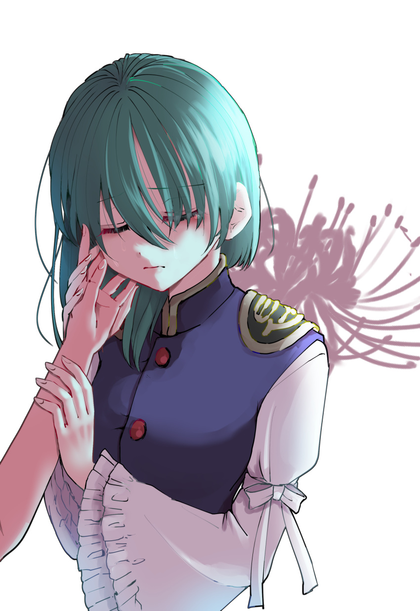1girl 1other absurdres asymmetrical_hair closed_eyes closed_mouth epaulettes flower green_hair highres holding_another's_arm juliet_sleeves long_sleeves puffy_sleeves shiki_eiki short_hair shouko_(airen) solo_focus spider_lily touhou upper_body white_background