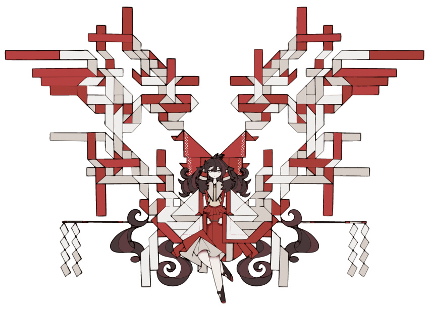 1girl ascot bangs black_footwear bow brown_hair commentary_request crossed_legs expressionless full_body gohei hair_bow hair_tubes hakurei_reimu harano_kaguyama highres holding long_hair looking_at_viewer red_bow red_skirt shide sidelocks simple_background skirt solo touhou very_long_hair white_background