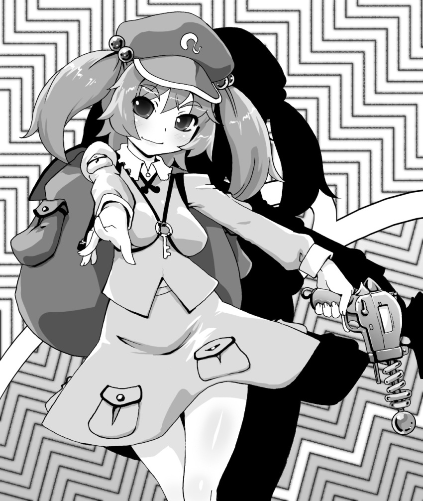 1girl backpack bag bangs blush breasts closed_mouth collared_shirt commentary_request drop_shadow energy_gun feet_out_of_frame flat_cap frilled_shirt_collar frills greyscale gun hair_bobbles hair_ornament hat highres holding holding_gun holding_weapon jewelry kawashiro_nitori kei_jiei key key_necklace long_hair long_sleeves looking_at_viewer medium_breasts monochrome necklace pocket ray_gun shirt skirt skirt_set smile solo touhou two_side_up weapon