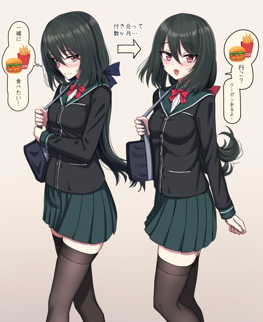 1girl absurdres black_thighhighs blazer blush bow bowtie burger buttons food french_fries green_hair hair_between_eyes highres jacket multiple_views original pleated_skirt red_bow red_bowtie sayano_(yakob_labo) school_uniform short_hair skirt standing thigh-highs translated violet_eyes yakob_labo