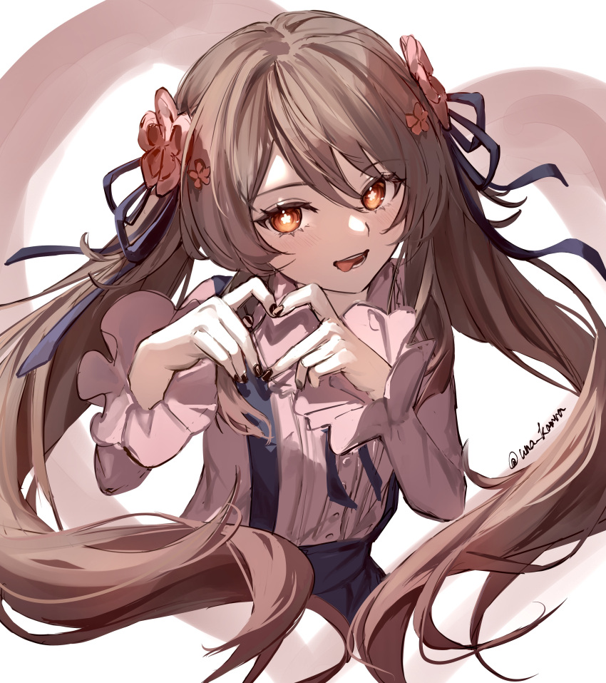 1girl absurdres bangs black_nails blush brown_hair flower flower-shaped_pupils genshin_impact hair_between_eyes hair_flower hair_ornament hair_ribbon heart heart_hands highres hu_tao_(genshin_impact) long_hair long_sleeves looking_at_viewer open_mouth red_eyes ribbon skirt solo suspender_skirt suspenders symbol-shaped_pupils tongue tongue_out twintails twitter_username una_kamra upper_body